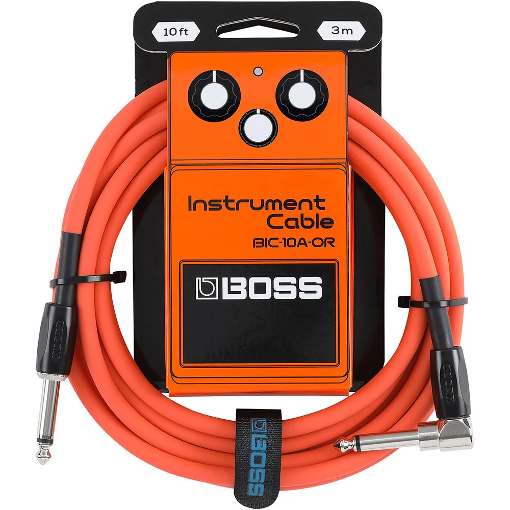 Boss BIC10A Right-Angle 1/4" to Straight 1/4" Instrument Cable - 10ft (Orange)