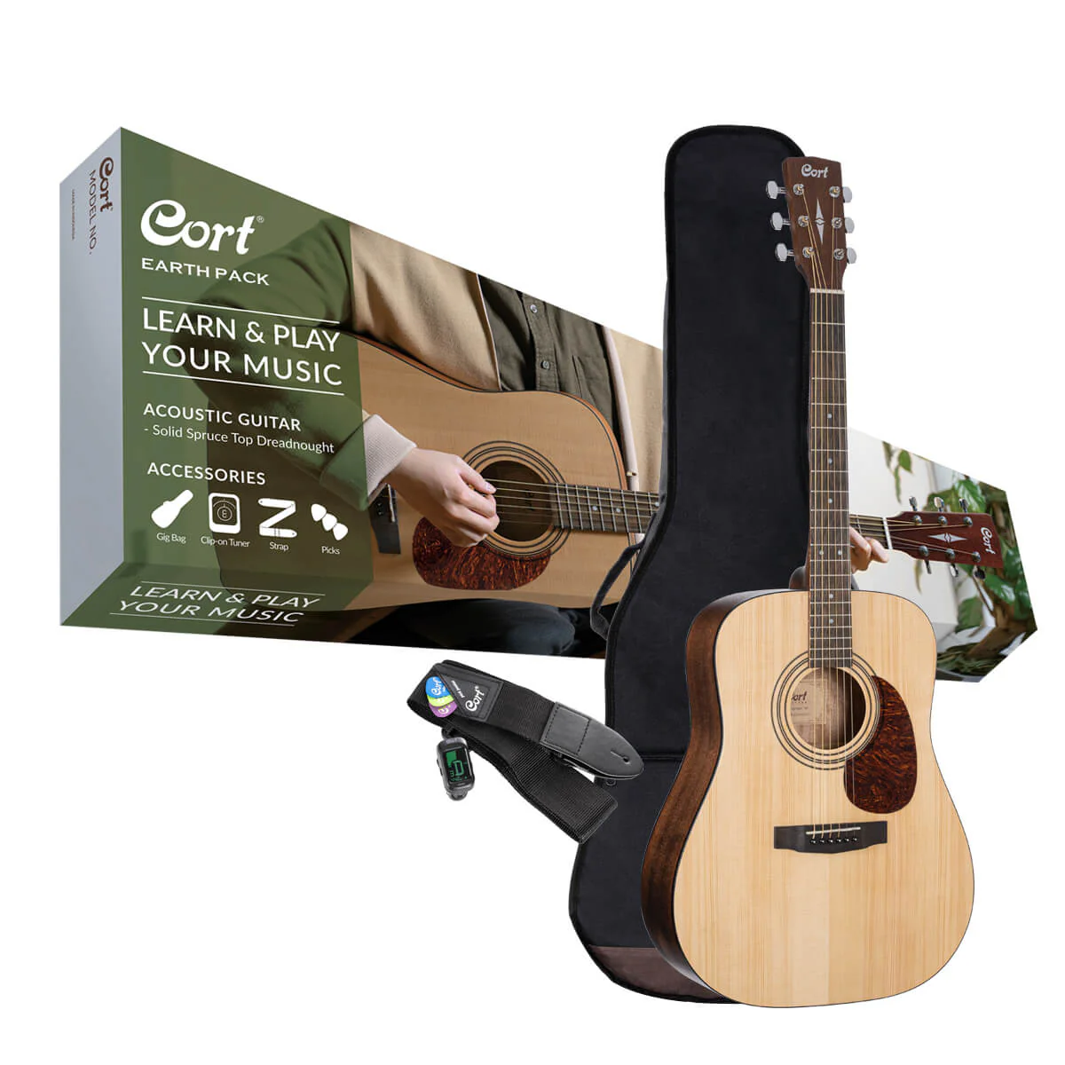 Cort Earth 70 Acoustic Guitar Pack w/ Solid Spruce Top inc Bag, Tuner, Strings & Picks