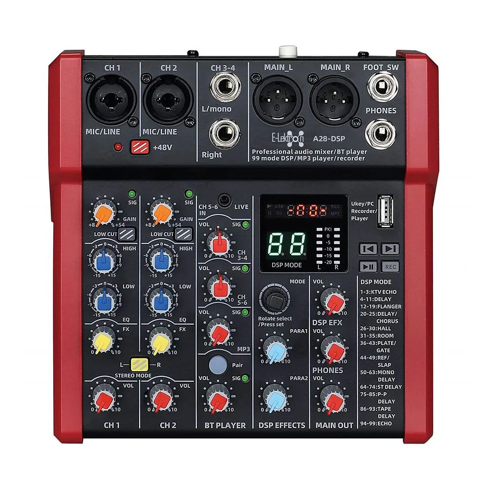 E-lektron A28 6-Channel Mixer w/ DSP FX Bluetooth & USB-A Audio Interface