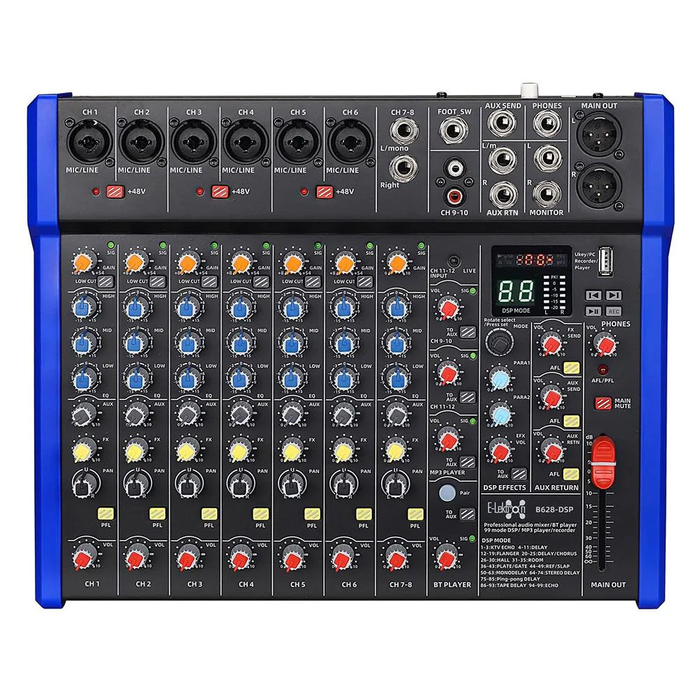 E-lektron B628 12-Channel Mixer w/ DSP FX Bluetooth & USB-A Audio Interface
