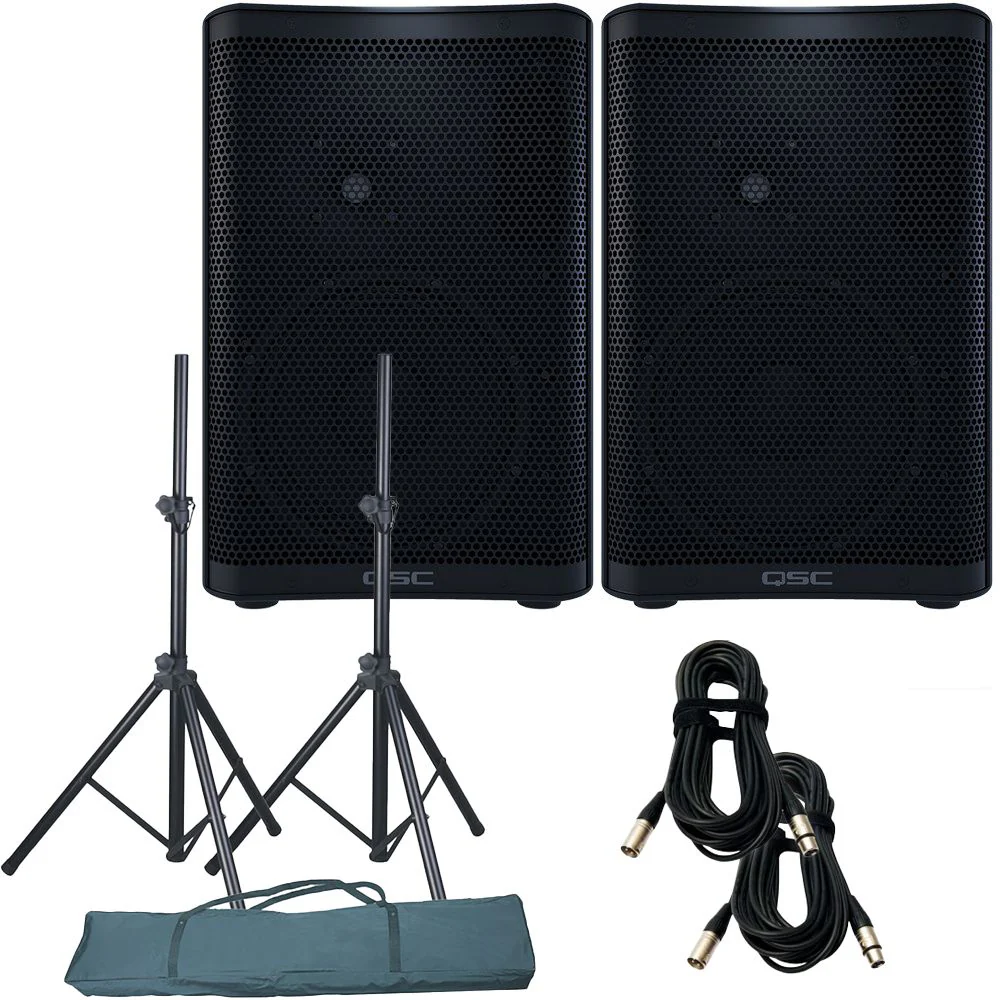 QSC CP8 PA Speaker Pack w/ Stands & 10m XLR Cables (Pair)