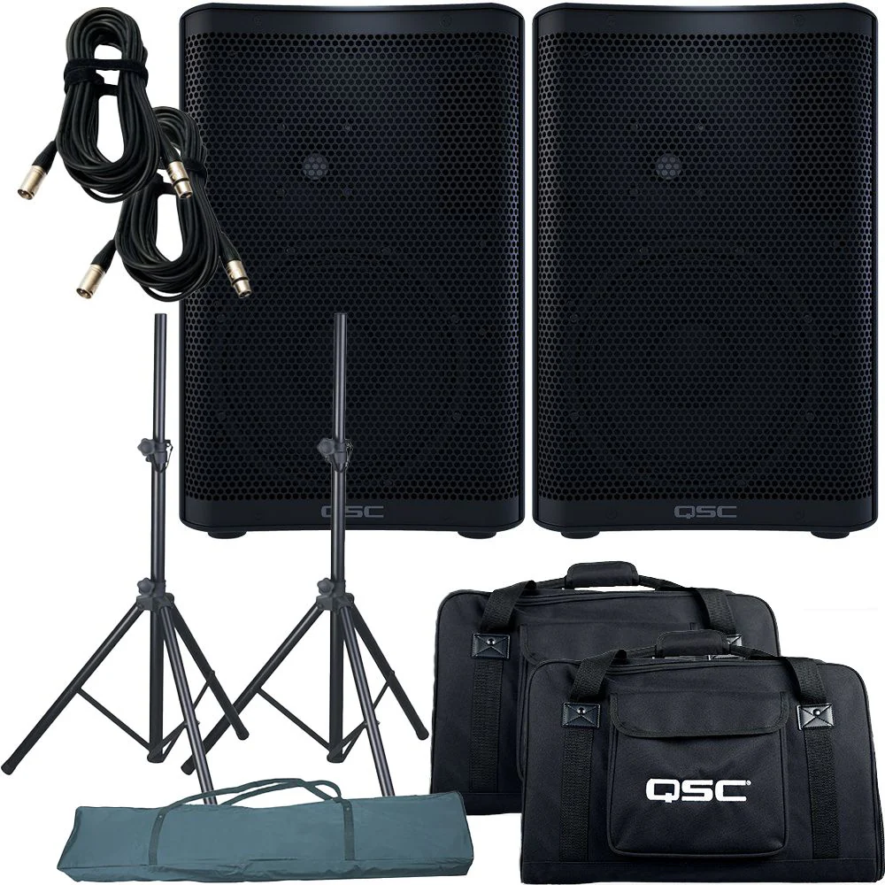 QSC CP8 PA Speaker Pack w/ Stands, 10m XLR Cables & Tote Bags (Pair)